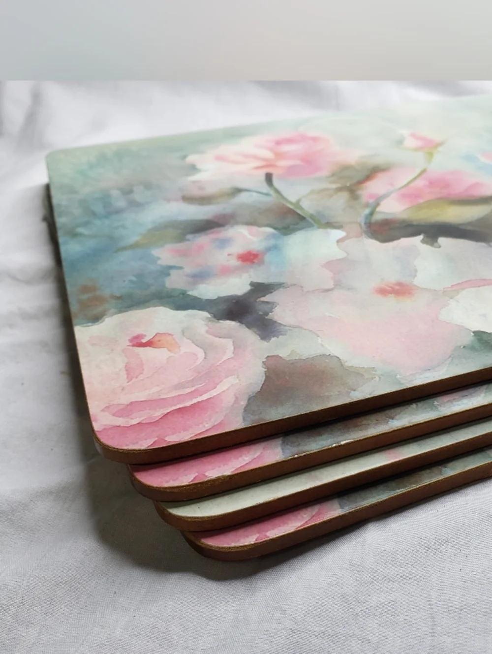 Four Vintage Judy Buswell Placemats Watercolor Roses Cork Bottom 1990s